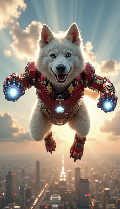 A white husky dog in a full Iron Man suit, flying through the sky in natural dog form with all four legs extended in a soaring pose. The entire body is fully covered in sleek, metallic red-and-gold Iron Man armor, with a glowing blue arc reactor on the che...