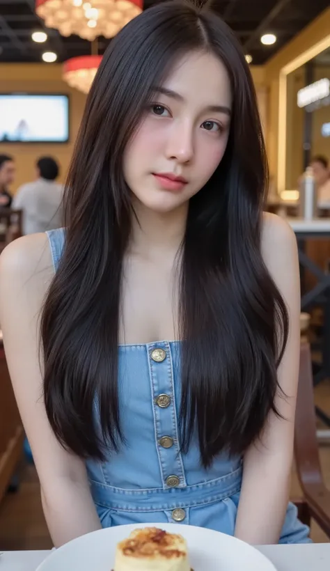 Beautiful teen girl, long hair, black, big breasts, attractive figure, looking at the camera 8K high definition, sharp focus, very high detail, realistic like a photo, natural light, smooth skin
Sit in a famous cafe in the city
She wore a blue short-sleeve...