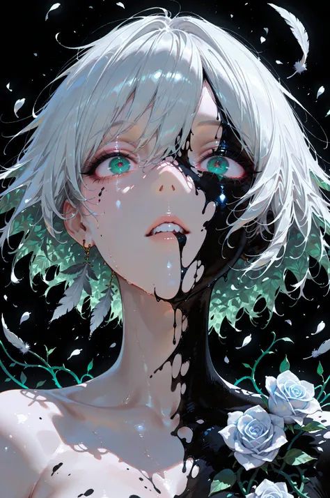 masterpiece, best quality, amazing quality, very aesthetic, high resolution, newest, hyper-detailed,mosaic, abstract, dynamic pose, split theme, ink splatter, leaves, vines, feathers, floating petals, lineart, sketch, roses, portrait, horror