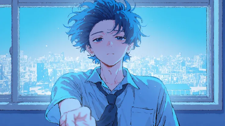 City Pop, School uniform, 1boy, Blue 생머리 소년, Blue, Room, depressing , dreamy and emotional atmosphere with hair flipping, illustration style, expressionless ,wind,Handing over the hair, cute face, Tired