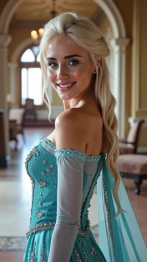 Visible cleavage, A stunning dynamic angle image of Anna Kournikova as Elsa smiling , she is sexy , queen of arendelle, young and beautiful, hyper realistic, real portrait, backlit, exquisite features, cleavage, sexy, seductive, interior or an ornate castl...
