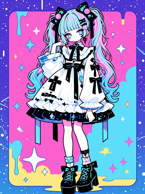 
Woman, solo, colorfulな爪, rimless,light blue eyes, Long Hair,hair ornaments, hairpin、ribbon, colorful, pop background、multi-colored hair, Full Body、Sparkling Makeup on Her Face、Harajuku、Lolita、Highest Quality
