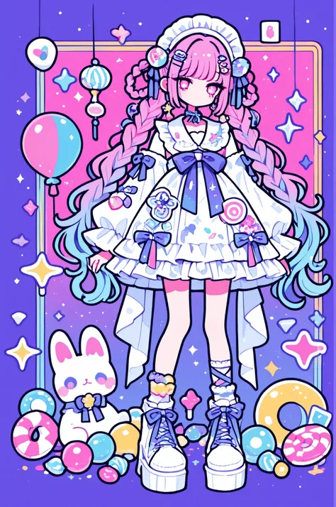 
Woman, solo, colorfulな爪, rimless,pink eyes, Long Hair,hair ornaments, hairpin、ribbon, colorful, pop background、multi-colored hair, Full Body、Sparkling Makeup on Her Face、Harajuku、light blue lolita、Highest Quality、upper body、candy、braids