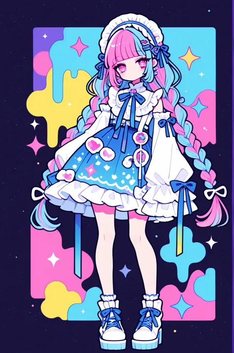 
Woman, solo, colorfulな爪, rimless,pink eyes, Long Hair,hair ornaments, hairpin、ribbon, colorful, pop background、multi-colored hair, Full Body、Sparkling Makeup on Her Face、Harajuku、light blue lolita、Highest Quality、upper body、candy、braids