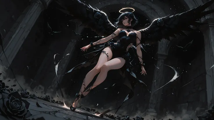 animated wall, cartoon, aesthetics, 8K Wallpaper,  detailed,748cm style,beautiful body, Full Body, Black Rose Angel, Fallen Angel,  floating in the air, dynamic poses, dynamic angle, Depth of field, masterpiece after sex, best quality, Amazing Quality, ver...