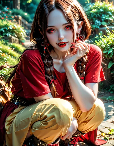 Very High resolution,cute anime-style,masterpiece,best quality,amazing quality,hyper-detailed,very aesthetic,Dusk,A park square,A female vampire crouching,Knees together,(Mature:1.2),(white skin:1.3),Brown hair,Braids,Hair falling over one shoulder,Long ha...