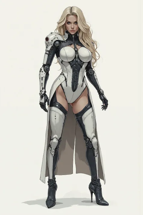 Pamela Anderson, robot hybrid, long blonde hair, leotard, duster, boots, standing, blank background