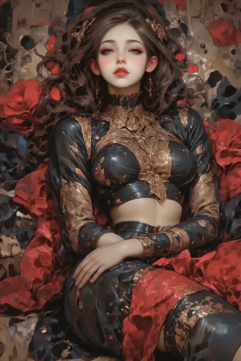 ((Bartolomé Murillo)) ((Women's Blog)), an LBDSM style digital art, in the style of dmai, dramatic portrait, fantasy, advanced contemporary artist mode, Gothic_girl, 1girl, innovative abstract floral graphic designs, queen, young woman with flowing hair, l...