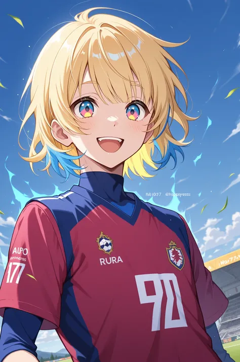 happy, anime boy, soccer uniform , blond hair ,blue highlights, multicolored eyes , Happyness aura , blue sky camp , shirt number 7