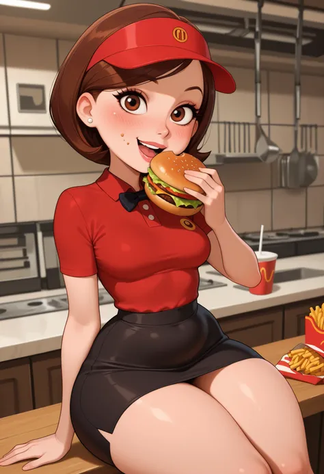 Helen Parr , mature female, medium hair, Bob_cut, brown hair, brown eyes, big eyes, long eyelashes, medium breasts, narrow waist, thick thighs, huge hips, fair skin, thin hands, earrings, makeup, pink lips, lipstick.|  4k, fine detail, high quality eyes, m...