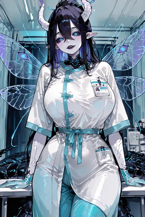 The monster woman is demon-centipede hybrid.  She has mature bodybuilding: she is tall, has big breasts, a narrow waist ,wide hips, PALE WHITE SKIN. she has a long black centipede tail with harpoon-like sting. She has pointy-ears. She has extra  pair of li...