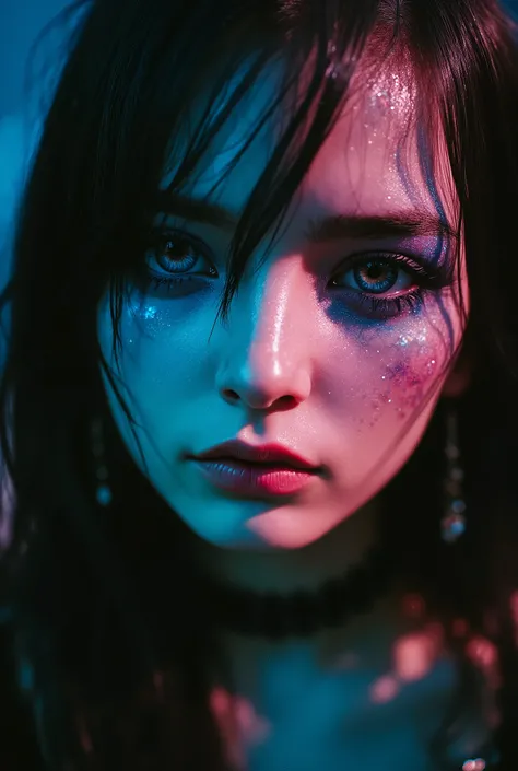 HDR, 8K, high contrast, masterpiece, best quality, amazing quality, very aesthetic, realistic, newest, volumetric lighting, ultra detailed, face focus, portrait, 1girl, solo, goth girl, blue eyes, glowing, olive coloured skin, black hair, long hair, blue e...