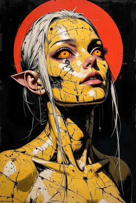 Detailed science-fiction painting in the style of Métal Hurlant. Portrait of a beautiful evil demon woman with a face covered in gold. The gold is peeling off. There is a dark red glowing sphere behind her.