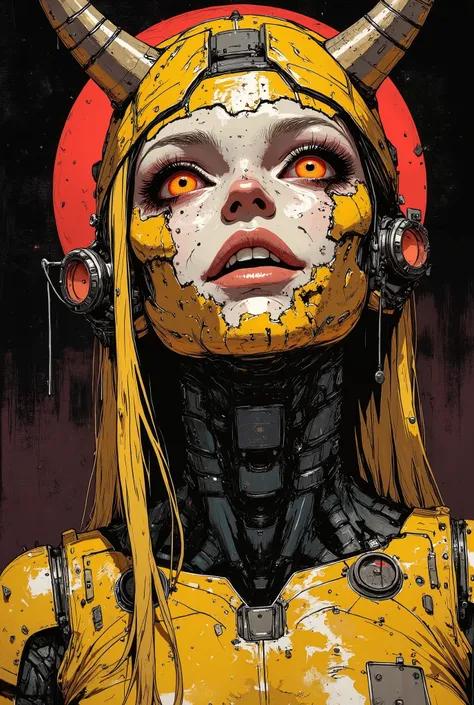 Detailed science-fiction painting in the style of Métal Hurlant. Portrait of a beautiful evil demon woman with a face covered in gold. The gold is peeling off. There is a dark red glowing sphere behind her.