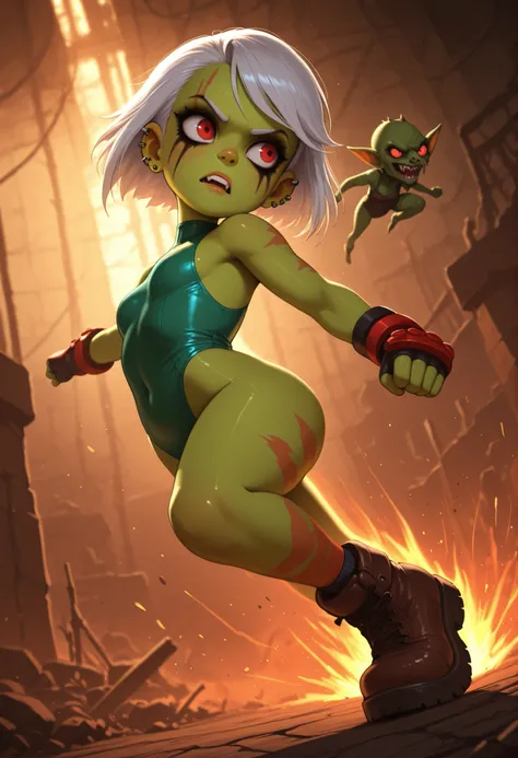 female punk, white hair, short hair, red eye , facial piercings, eye makeup, flat breasts, meduim hips, (goblin girl:1.0) (shortstack:1.0) (green skin:1.0) 2.5D , realistic, masterpiece, best quality, dynamic angle, dynamic pose, soft lighting, colorful il...