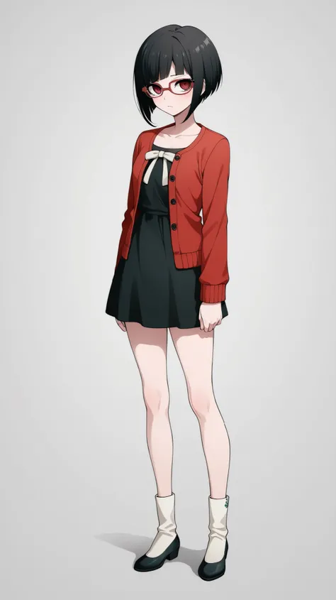 standing , quality, masterpiece:1.2),,(((( large )))),((( (((bob haircut))), highly detailed, HDR, girl, solo, white background, , ((((,1.2),anime girl in glasses and a red jacket , anime visual of a young woman, anime visual of a cute girl, single chara...