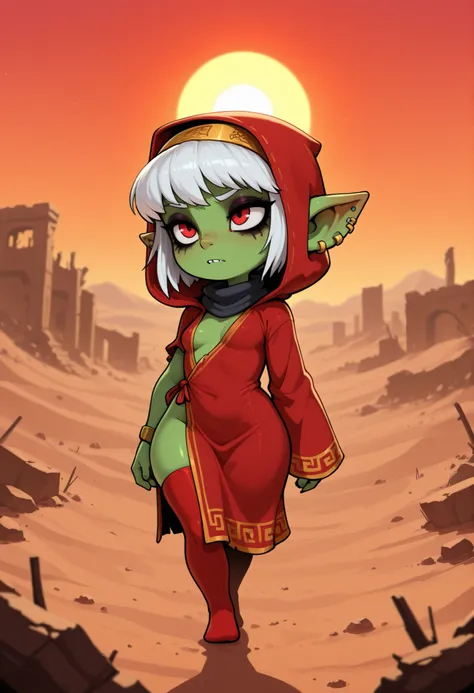 female punk, white hair, short hair, red eye , facial piercings, eye makeup, flat breasts, meduim hips, (goblin girl:1.0) (shortstack:1.0) (green skin:1.0) best quality, absurdres,(full body), hooded cloak,hood,hood up,red robe,ofuda,scarf,red legwear,head...