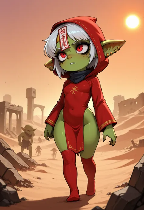 female punk, white hair, short hair, red eye , facial piercings, eye makeup, flat breasts, meduim hips, (goblin girl:1.0) (shortstack:1.0) (green skin:1.0) best quality, absurdres,(full body), hooded cloak,hood,hood up,red robe,ofuda,scarf,red legwear,head...