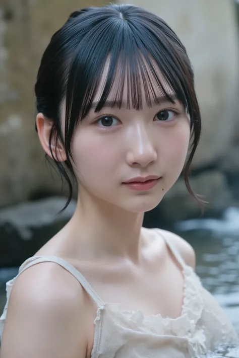 young Japanese woman showing her entire upper body、20th Generation、moist wet black hair、clear skin、Slightly Flushing Cheeks、relaxed expression、A sight soaking your chest in a milky white hot spring、Steam Rising、An open-air bath made of natural stones、Mossy...