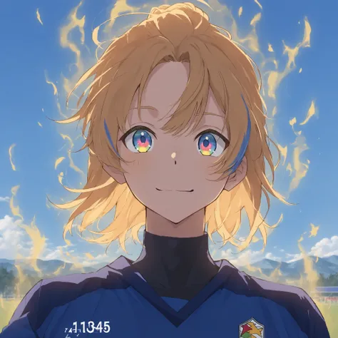 alone, happy anime boy, soccer uniform , blond hair ,blue highlights, multicolored eyes , Happyness aura , blue sky camp , shirt number 7