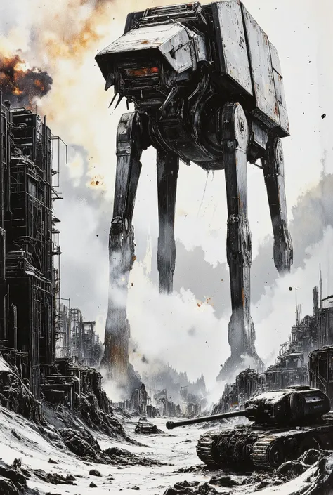 A brutally raw, black and white high-contrast WWII documentary photograph—crushed blacks, blown-out whites, and riddled with imperfections—depicting silhouette of a nightmarish AT-AT Walker emerging from the blizzard-choked ruins of Stalingrad. The image i...