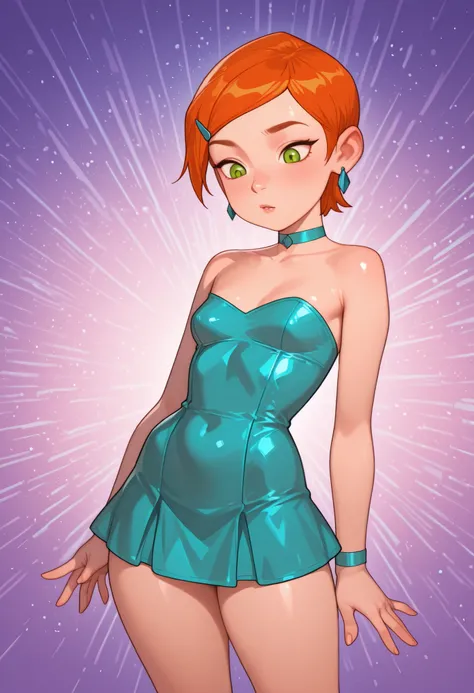 Gwen Tennyson . ginger . short hair . green eyes . small breasts, huge hips . slim body . choker .masterpiece, best quality, 1girl, solo, short dress, strapless dress, Aqua dress, simple background, disco background, neon