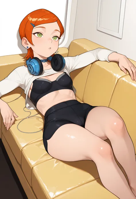 Gwen Tennyson . ginger . short hair . green eyes . small breasts, huge hips . slim body . choker . | Score 9, Score 8, Score 7, Score 6, Score 5, Score 4, Masterpiece, Superior Quality, Amazing Quality, Masterpiece, Maximum Quality, Ultra-detailed, Dynamic...