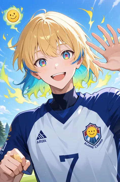 alone, happy anime boy, smiley, soccer uniform , blond hair ,blue highlights, multicolored eyes , Happyness aura , blue sky camp , shirt number 7