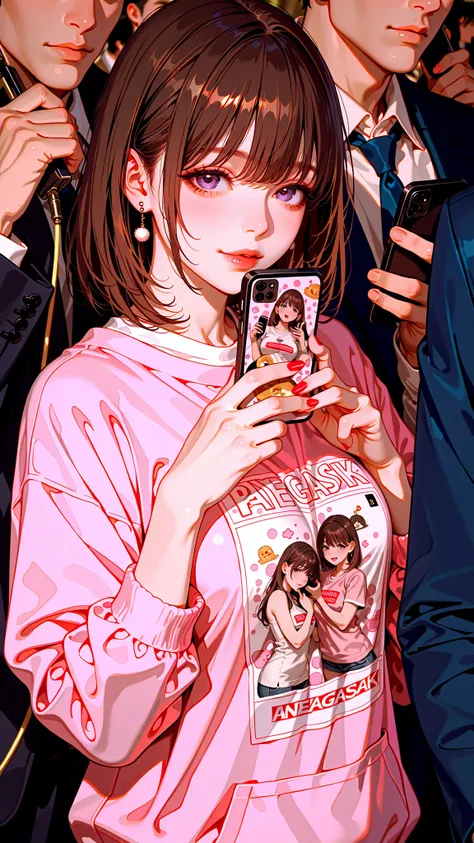 Anegasaki Nene,Her portrait is on the smartphone.,man in a suit holds a cell phone with Anegasaki,Nene printed on it, (Pay attention to mobile phones with Anegasaki Nene printed on them:1.5),4fingers ,pale pink nale