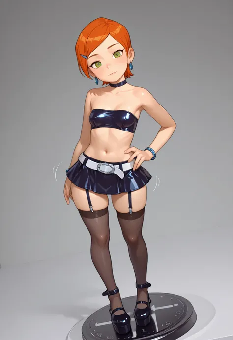 Gwen Tennyson . ginger . short hair . green eyes . small breasts, huge hips . slim body . choker . |score_9, score_8_up, score_7_up, faux figurine, nendoroid, full body, figure, platform, solo, Anime, 1girl, masterpiece, best quality, high quality, high re...