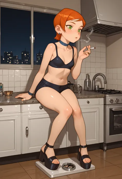 Gwen Tennyson . ginger . short hair . green eyes . small breasts, huge hips . slim body . choker . | score_9, score_8_up, score_7_up, faux figurine, nendoroid, full body, figure, platform, solo, Anime, 1girl, masterpiece, best quality, high quality, high ...
