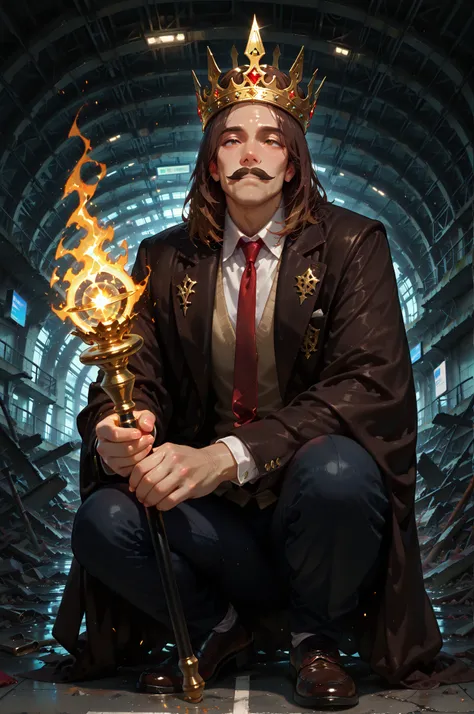 masterpiece, best quality, amazing quality, very aesthetic, high resolution, newest, hyper-detailed, (close up),solo, male character, mature man, medium hair, brown hair, slightly mustache, black smokings with red tie, a incandescent golden crown on his he...
