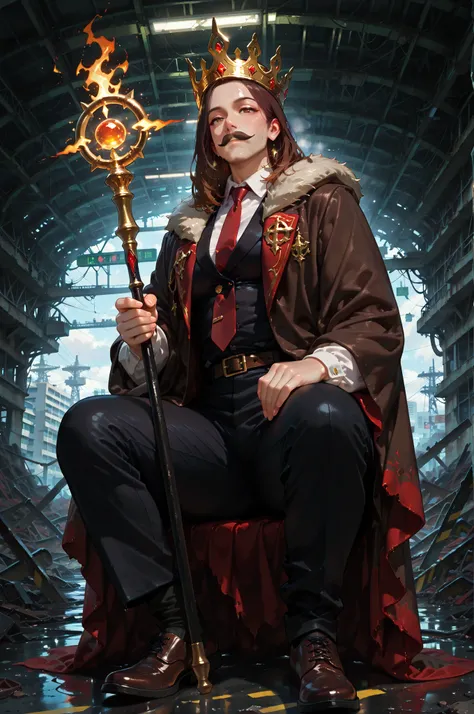 masterpiece, best quality, amazing quality, very aesthetic, high resolution, newest, hyper-detailed, (close up),solo, male character, mature man, medium hair, brown hair, slightly mustache, black smokings with red tie, a incandescent golden crown on his he...