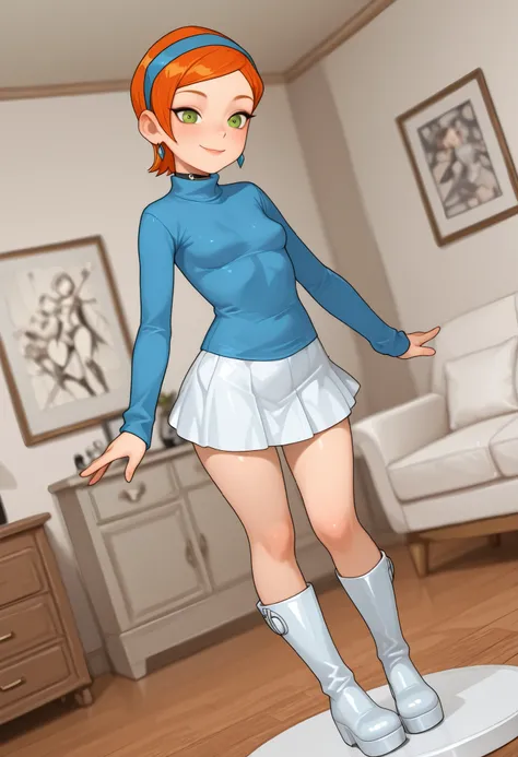 Gwen Tennyson . ginger . short hair . green eyes . small breasts, huge hips . slim body . choker . | score_9, score_8_up, score_7_up, faux figurine, nendoroid, full body, figure, platform, solo, Anime, 1girl, masterpiece, best quality, high quality, high ...