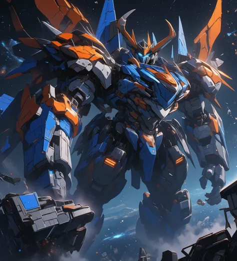 fluxmecha, unicron, transformers, a robot the size of a planet floating in space and reaching out it's hand to crush a spaceship, glowing eyes, space debris, the end of the world, blue and orange and white robot with lareg horns on it's head and skeletal w...