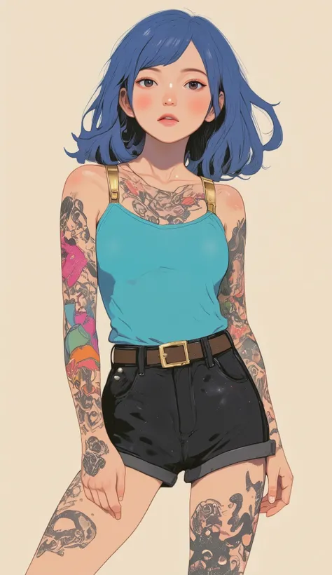 a woman in shorts, Wavy blue hair shines in neutral colors, texture background. The outfit is a teal blue sleeveless top and Dark shorts, gold belt-like straps are accented, extensively tattooed. Her Skin, グラフィック スタイルin描かれている, drawn in graphic style. Vivid...