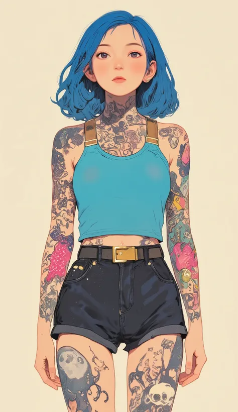 a woman in shorts, Wavy blue hair shines in neutral colors, texture background. The outfit is a teal blue sleeveless top and Dark shorts, gold belt-like straps are accented, extensively tattooed. Her Skin, グラフィック スタイルin描かれている, drawn in graphic style. Vivid...