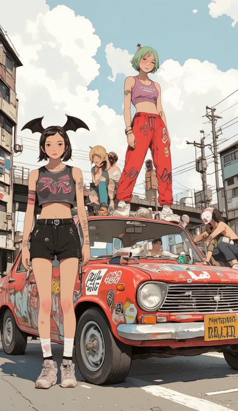In urban areas, a red car covered in various decals and logos, Like "Reebok," "Devil's City," and "Cup Noodles," 焦点andして機能し, parked on a bridge under a cloudy sky. 5 people, A boldly stylized, graphic style, are positioned around and atop the vehicle...