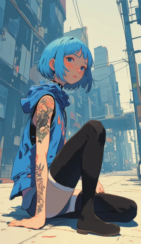 Blue-haired anime girl sitting on the ground with a tattoo on her arm, Ghost in the Shell art style, Laurie Grisley and James Jean,  just a joke , Laurie Gracely's Style, Portrait of , Ghost in the shell style, beautiful artwork illustration, Sachin Ten, y...