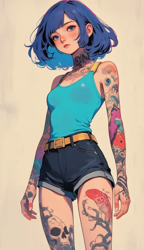 a woman in shorts, Wavy blue hair shines in neutral colors, texture background. The outfit is a teal blue sleeveless top and Dark shorts, gold belt-like straps are accented, extensively tattooed. Her Skin, グラフィック スタイルin描かれている, drawn in graphic style. Vivid...