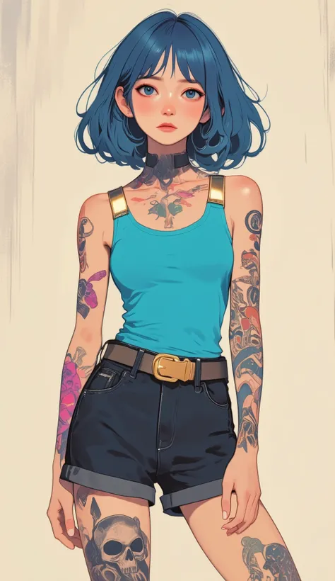 a woman in shorts, Wavy blue hair shines in neutral colors, texture background. The outfit is a teal blue sleeveless top and Dark shorts, gold belt-like straps are accented, extensively tattooed. Her Skin, グラフィック スタイルin描かれている, drawn in graphic style. Vivid...