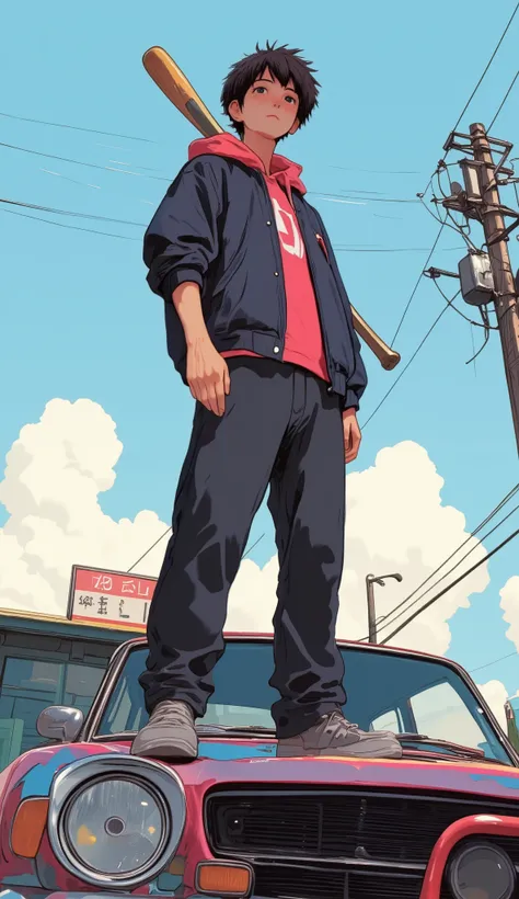 Anime character standing on a car with a baseball bat, It happened - One x iamretro , Japanese manga style, official artwork,  GTA Chinatown Art Style , Akira style, Akira Vibe, Retro 90s Japanese, Akira art style, Realism art, bright style illustration, A...