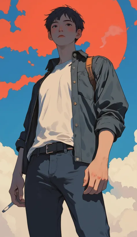 Close up of a person holding a cigarette and a shirt, by Shinoda Toko,  Official Fanart, by Kamisaka Sekka, artist unknown,  Antonio Saura , Devil, Jang Seung-op, 🪔 🎨;🌞🌄, Art work in the style of guweiz , Jan J, by Ni Yuanlu
