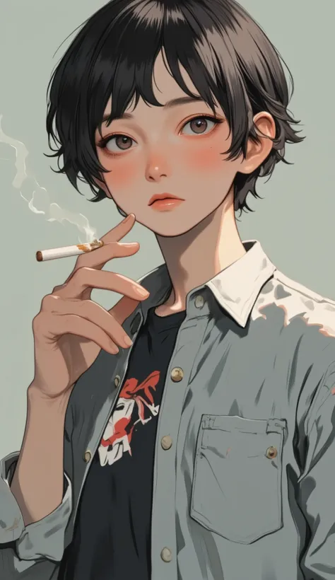 Close up of a person holding a cigarette and a shirt, by Shinoda Toko,  Official Fanart, by Kamisaka Sekka, artist unknown,  Antonio Saura , Devil, Jang Seung-op, 🪔 🎨;🌞🌄, Art work in the style of guweiz , Jan J, by Ni Yuanlu