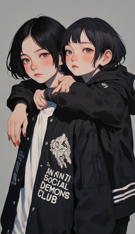 暗い色and鮮やかな色が印象的な2人の人物を描いたデジタルイラスト. 手前のキャラクターteeth明るい色の髪で、 Black jackets with the phrase prominently written "A hand with long red nails from ANTI SOCIAL DEMONS CLUB" In bold white letters. 人物の肌の色teeth独特の青灰色で,  Adds an otherworldly atmosphere. The hand with...