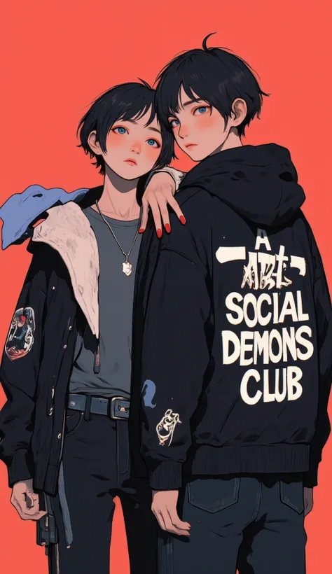 暗い色and鮮やかな色が印象的な2人の人物を描いたデジタルイラスト. 手前のキャラクターteeth明るい色の髪で、 Black jackets with the phrase prominently written "A hand with long red nails from ANTI SOCIAL DEMONS CLUB" In bold white letters. 人物の肌の色teeth独特の青灰色で,  Adds an otherworldly atmosphere. The hand with...