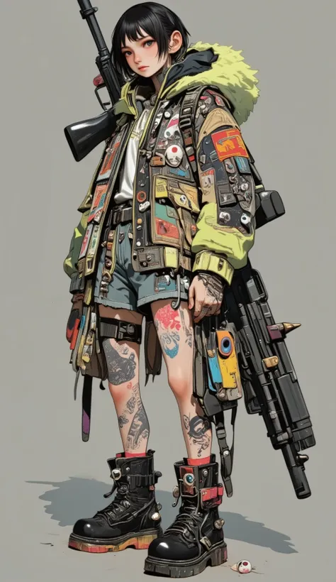 Detailed, style outfits, various textures like. Intentional visual storytelling inspired by punk and post-apocalyptic themes combined with elements of chaos、heavily embellished with various patches I'm wearing a jacket, with prominent eyeballs, , the brigh...