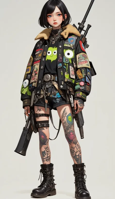 Detailed, style outfits, various textures like. Intentional visual storytelling inspired by punk and post-apocalyptic themes combined with elements of chaos、heavily embellished with various patches I'm wearing a jacket, with prominent eyeballs, , the brigh...