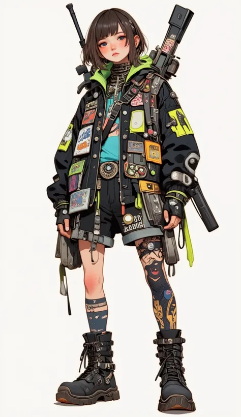 Detailed, style outfits, various textures like. Intentional visual storytelling inspired by punk and post-apocalyptic themes combined with elements of chaos、heavily embellished with various patches I'm wearing a jacket, with prominent eyeballs, , the brigh...