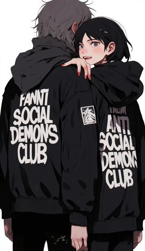 暗い色and鮮やかな色が印象的な2人の人物を描いたデジタルイラスト. 手前のキャラクターteeth明るい色の髪で、 Black jackets with the phrase prominently written "A hand with long red nails from ANTI SOCIAL DEMONS CLUB" In bold white letters. 人物の肌の色teeth独特の青灰色で, Adds an otherworldly atmosphere. The hand with...